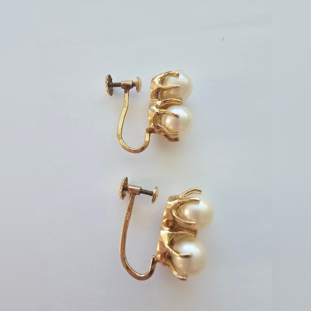 Vintage Mid-Century 14K Gold Double Pearl Earrings - Picture 2 of 5